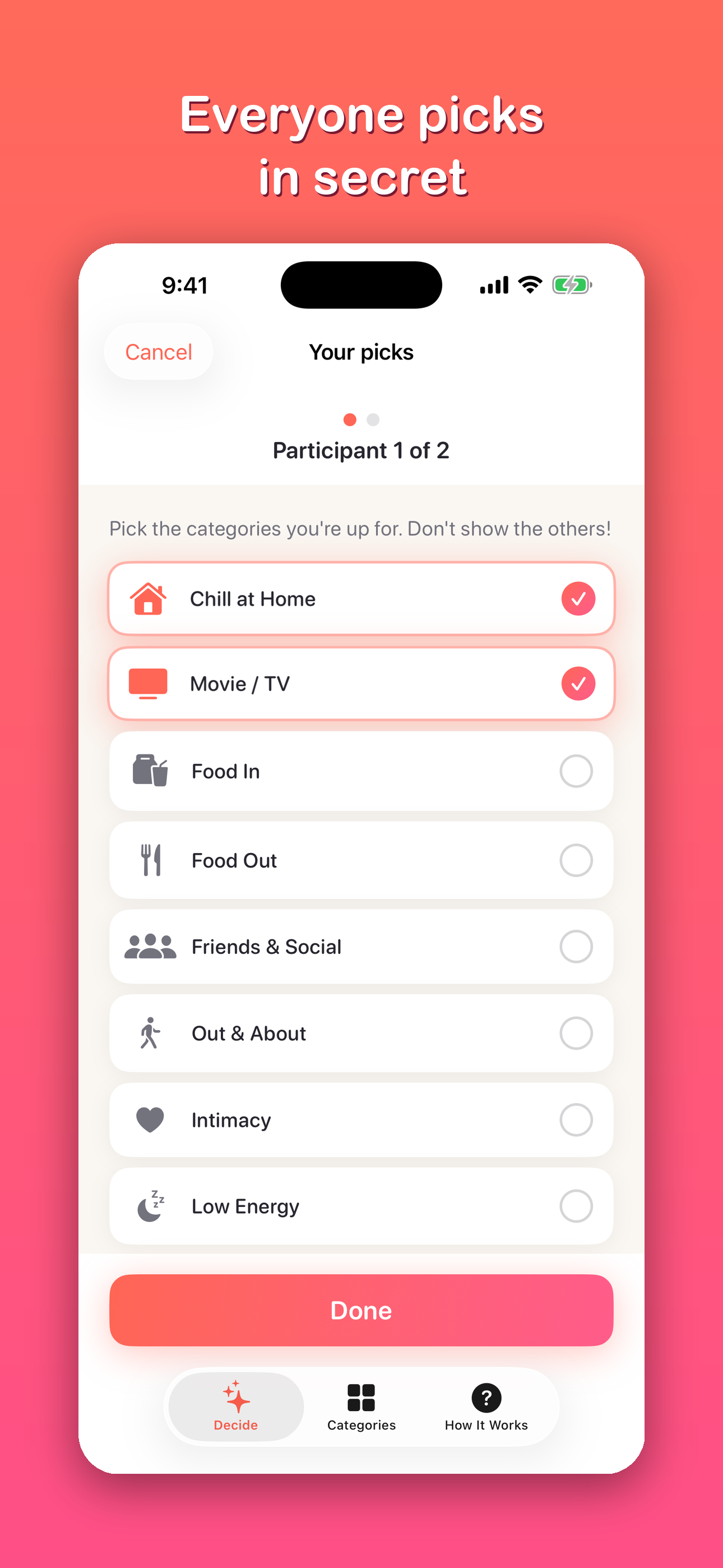 Everyone picks categories in secret